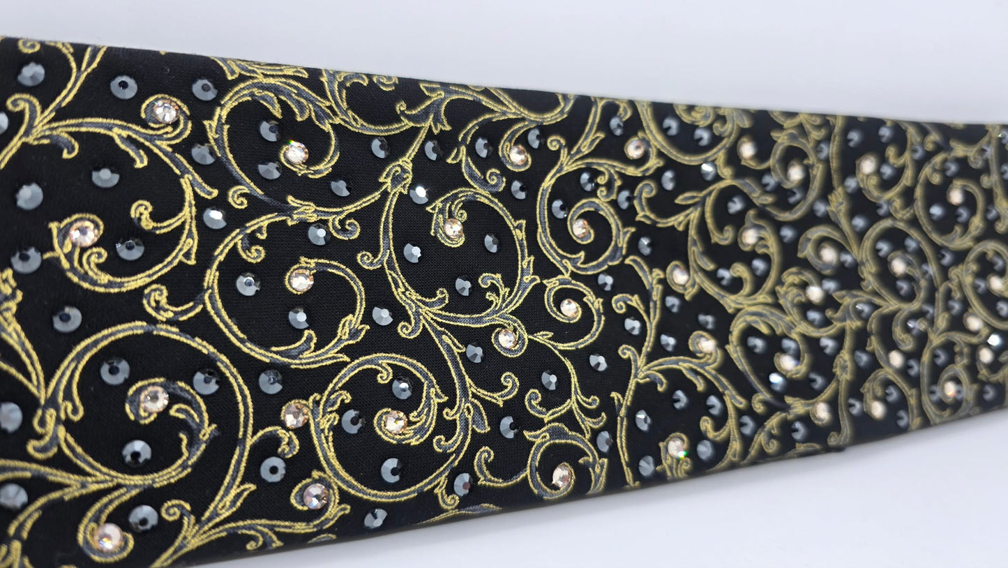 Gold Victorian on Black Bandana with Honey and Black Austrian Crystals (E60114)