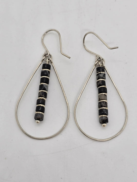 Black Jasper and Silver Teardrop Hoop Earrings (Sku8702)