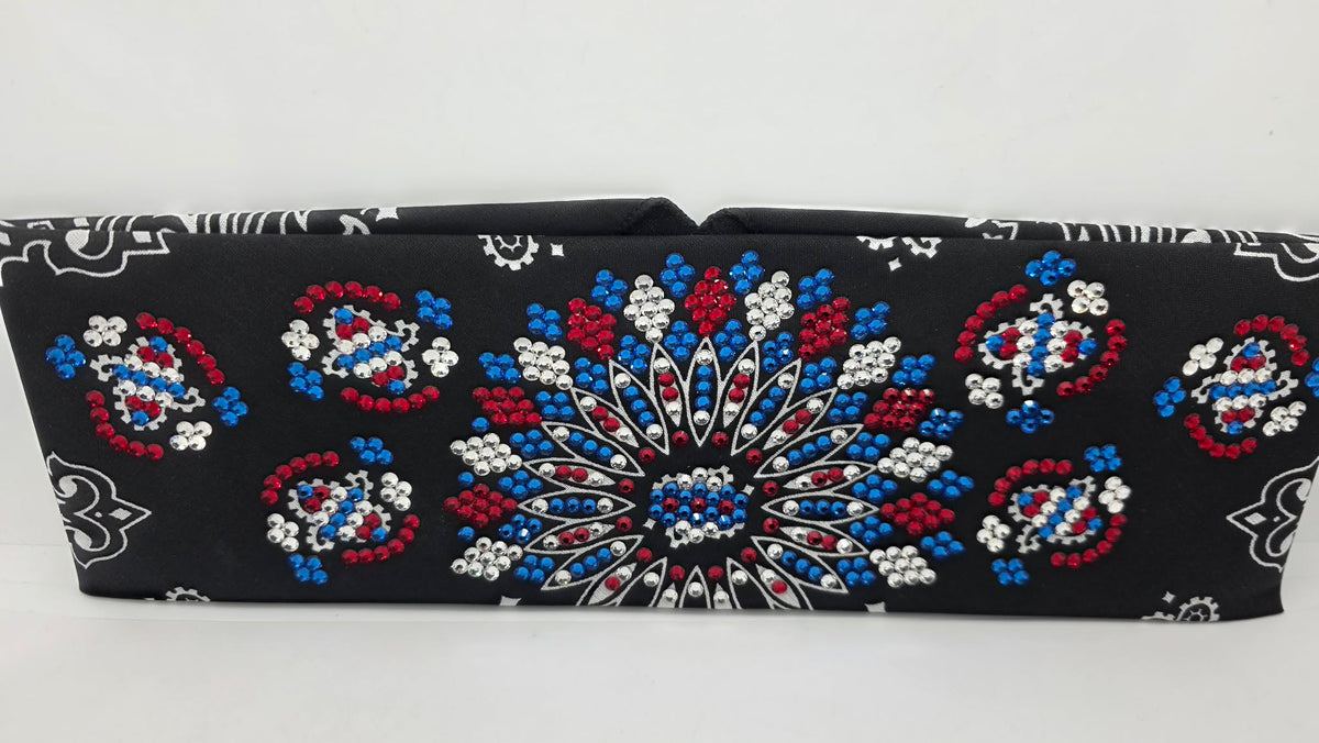 Super LeeAnnette Black Paisley Bandana with Blue, Red and Diamond Clear Austrian Crystals (S48179)