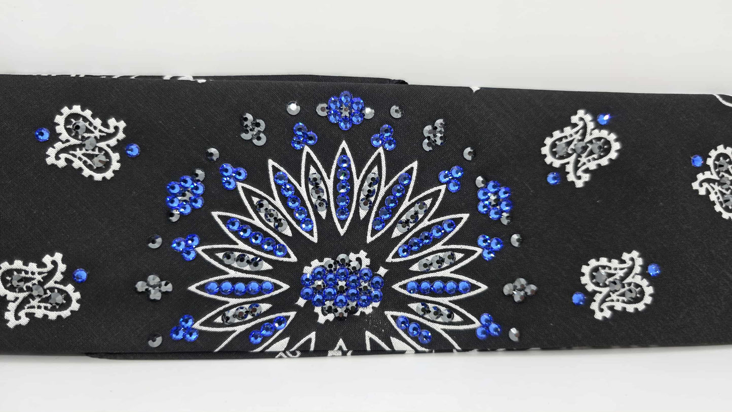 EXTRA BLING - Black Paisley Bandana with Sapphire and Black Austrian Crystals (sku6421)