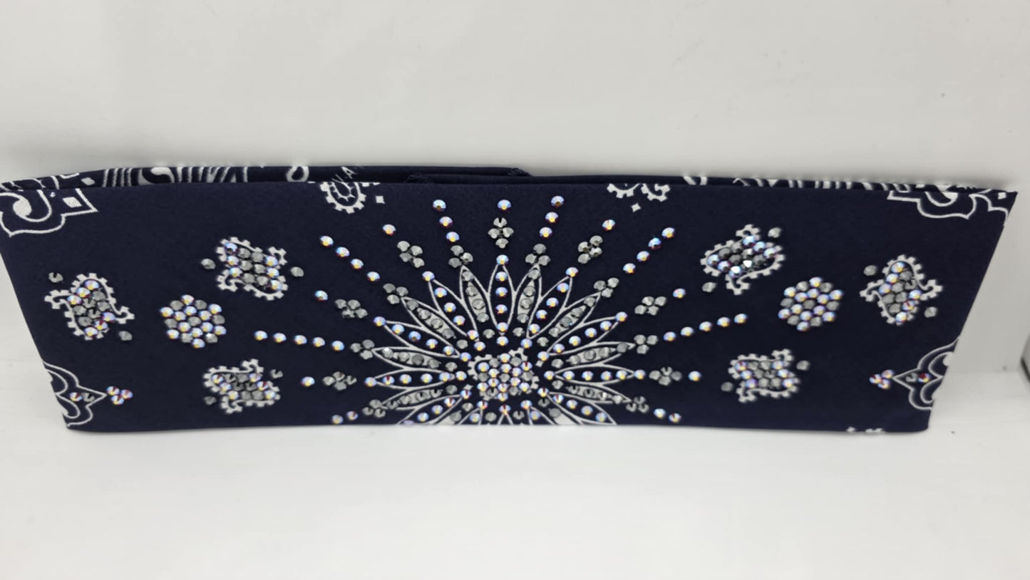 LeeAnnette Navy Paisley Bandana with Red Shimmer and Black Austrian Crystals (sku40094)
