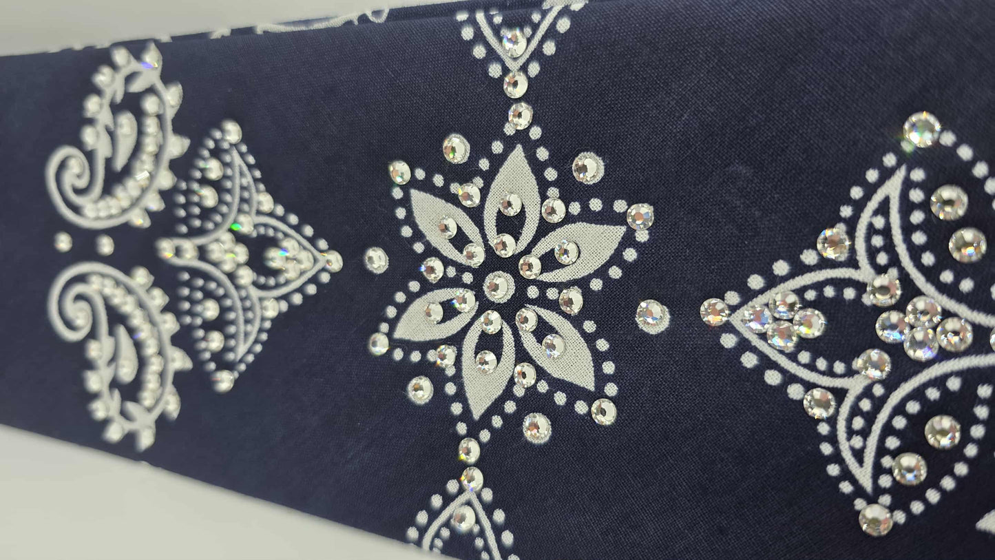 EXTRA BLING - Large Navy Blue Flower Bandana with Diamond Clear Austrian Crystals (sku6415)
