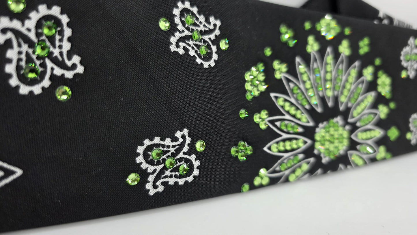 Black Paisley Bandana with Light and Dark Green Austrian Crystals (E60103)