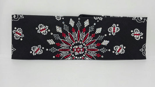 LeeAnnette Black Paisley Bandana with Red, Black and Diamond Clear Austrian Crystals (L40280)