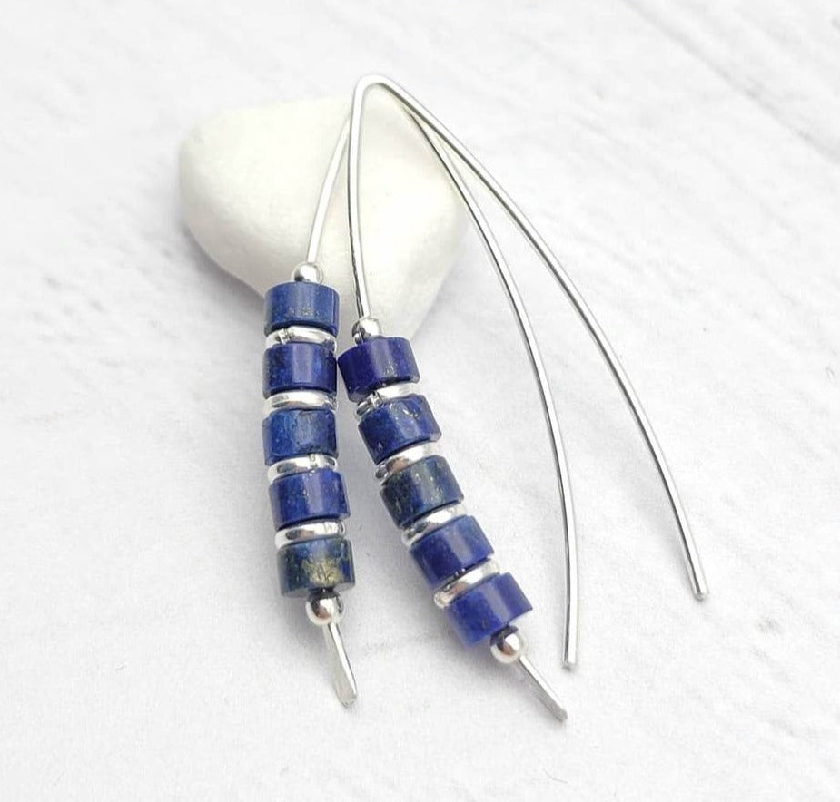 Modern Lapis Lazuli and Sterling Silver Threader Earrings (Sku8980)