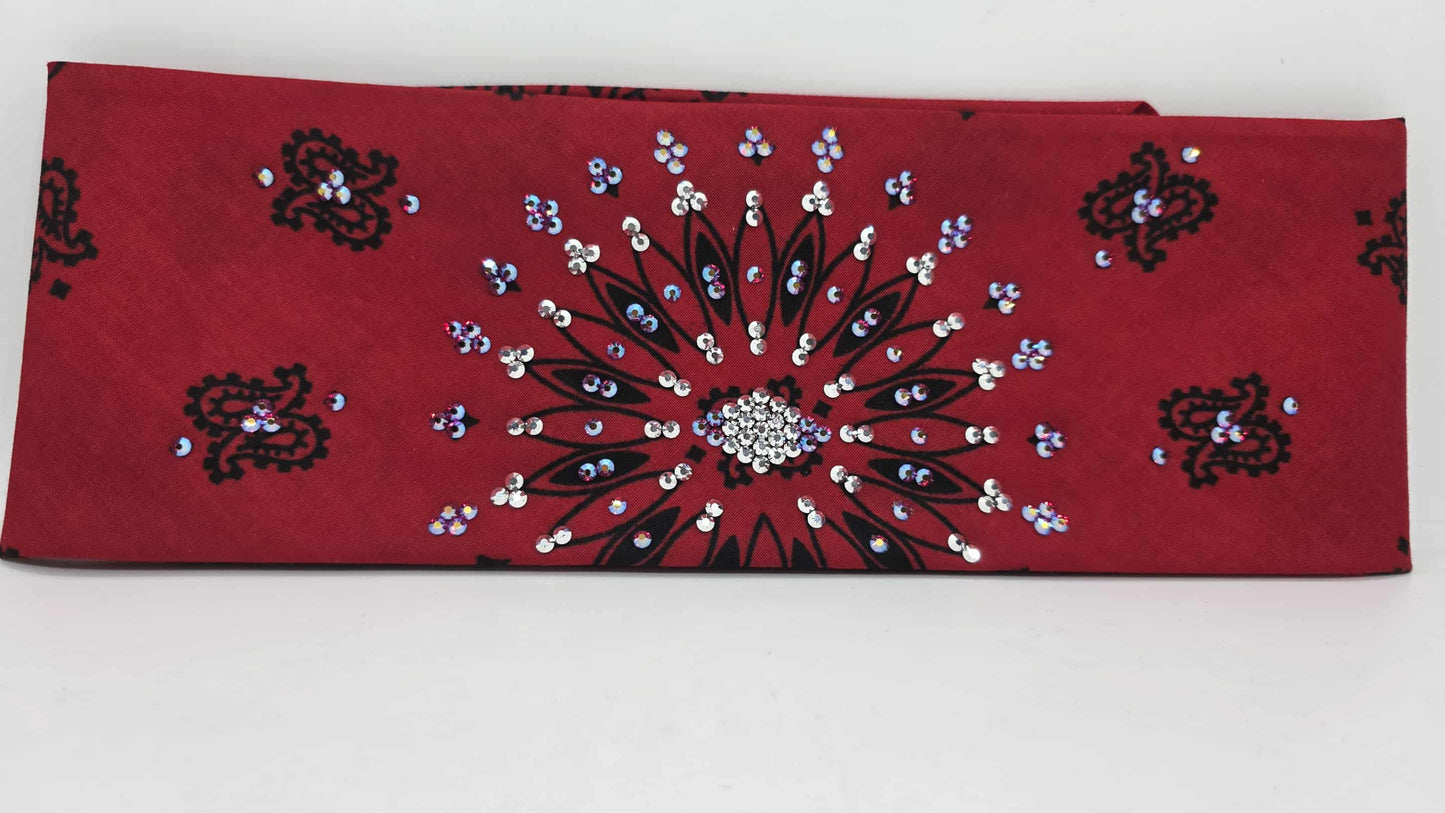 EXTRA BLING - Large Red Paisley Bandana with Red Shimmer and Chrome Austrian Crystals (sku6410)