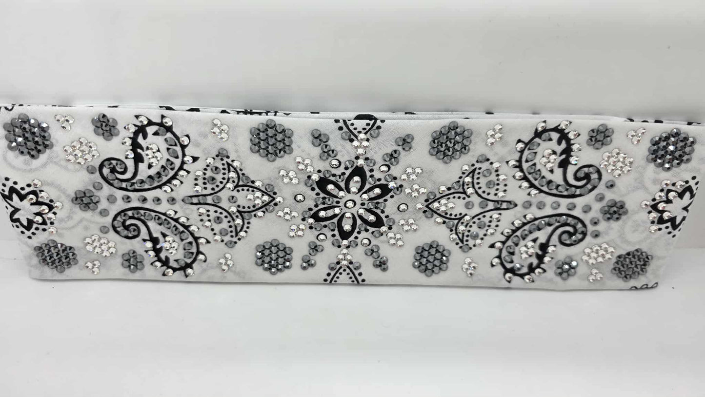 Super LeeAnnette White Black Flower Bandana with Black and Diamond Clear Austrian Crystals (sku40106)