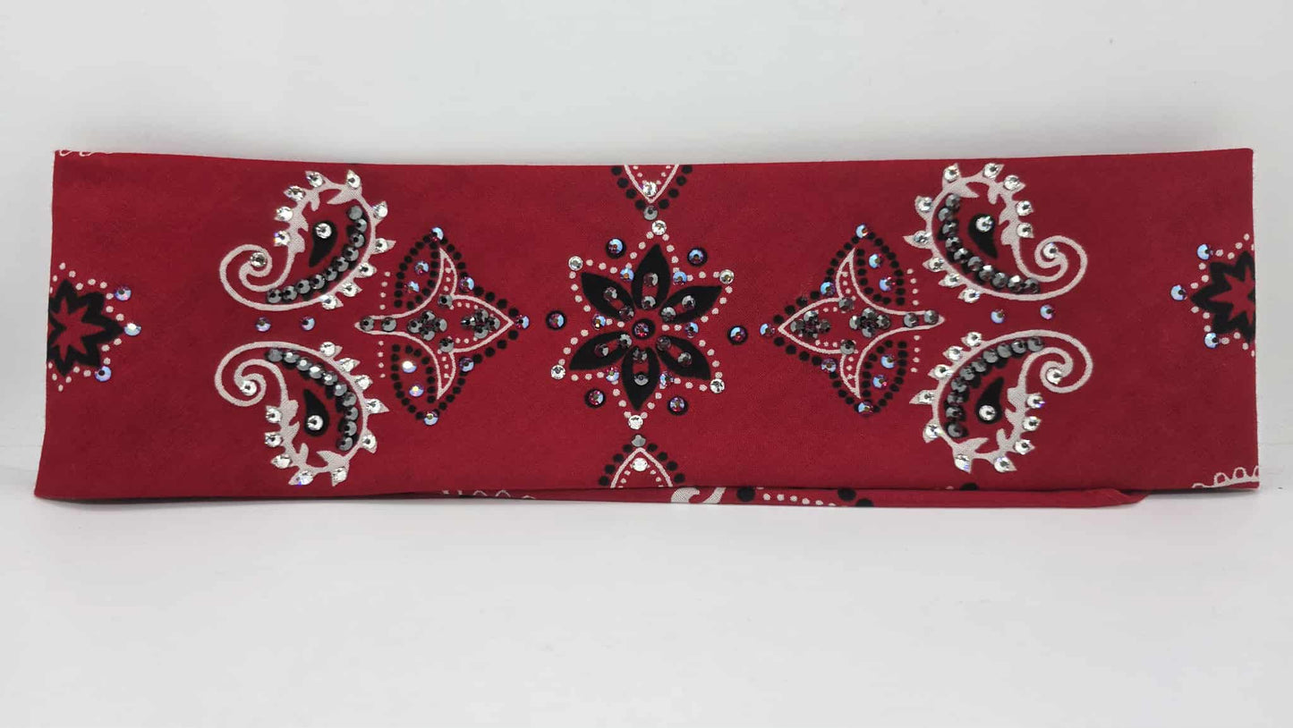 EXTRA BLING - Large Red Flower Bandana with Red Shimmer, Black and Diamond Clear Austrian Crystals (sku6401)