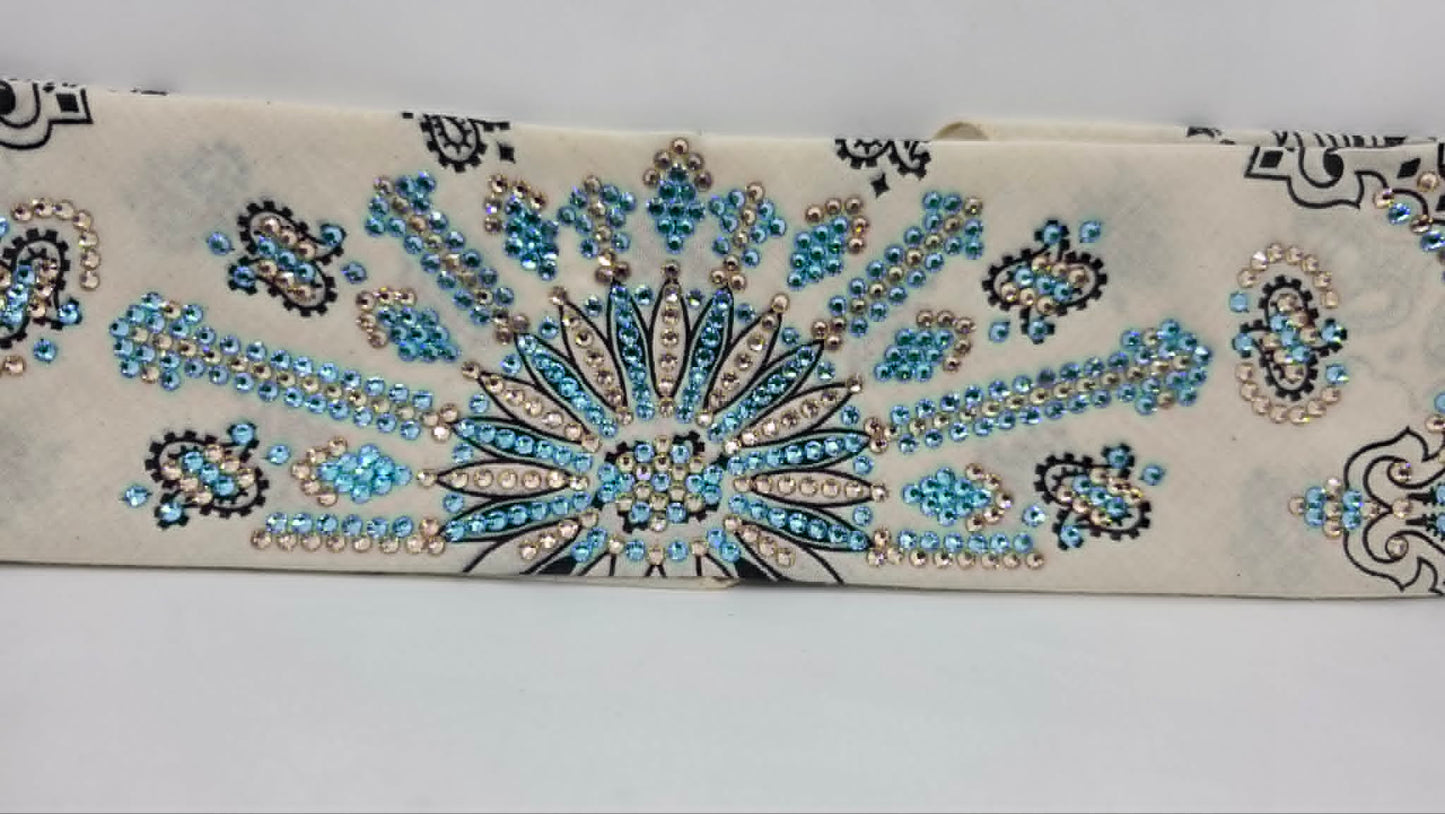 Super LeeAnnette Off White Paisley Bandana with Aqua and Honey Austrian Crystals (S48161)