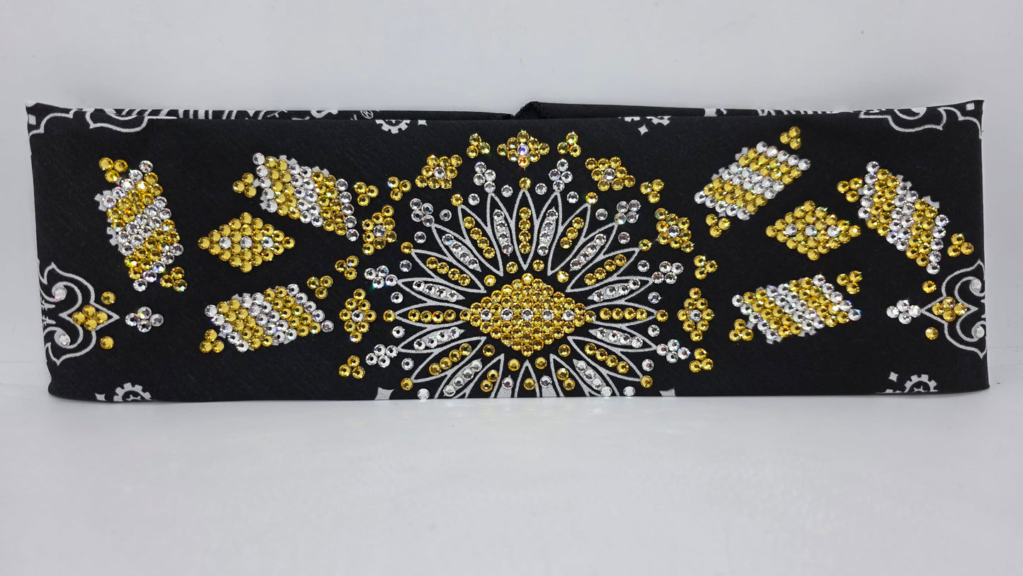 Super LeeAnnette Black Paisley Bandana with Golden Yellow and Diamond Clear Austrian Crystals (S48121)