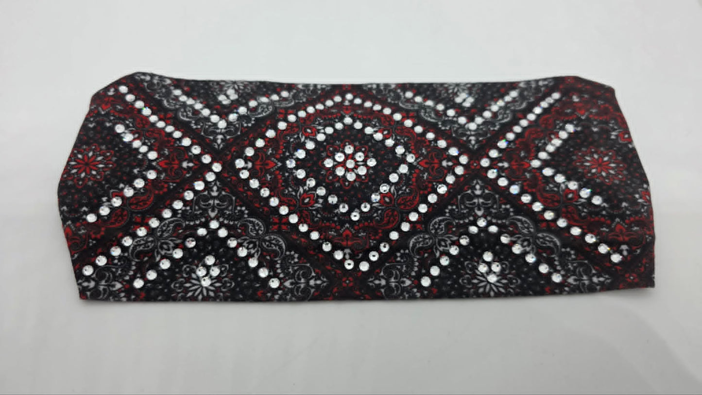 Stretchy Headband Red and Grey Paisley with Clear Crystals (Sku5479)