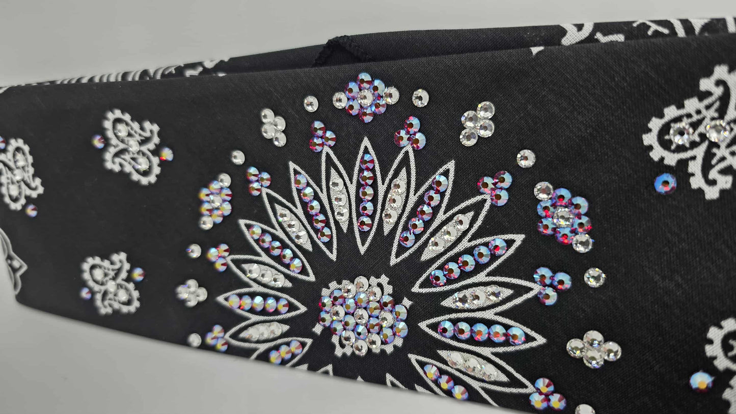 EXTRA BLING - Black Paisley Bandana with Red Shimmer and Diamond Clear Austrian Crystals (sku6424)