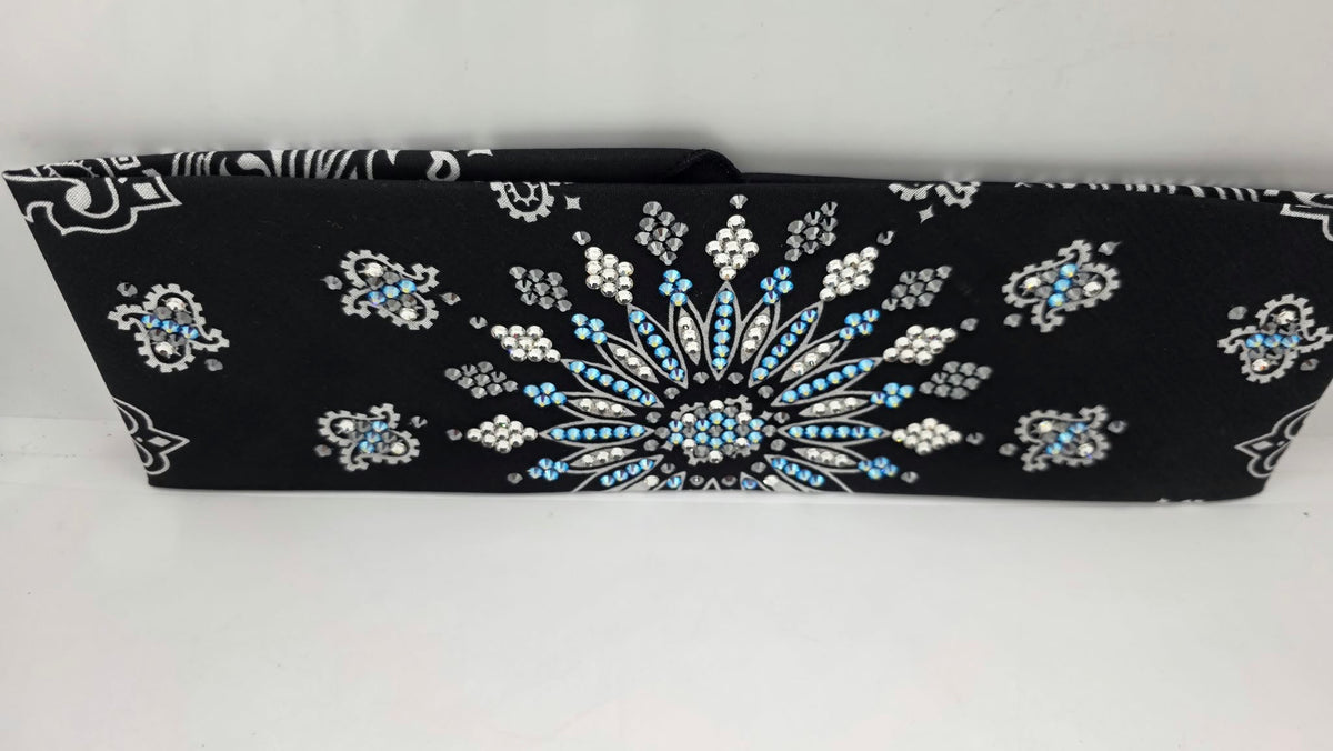 LeeAnnette Black Paisley Bandana with Blue Shimmer, Black and Diamond Clear Austrian Crystals (L40290)