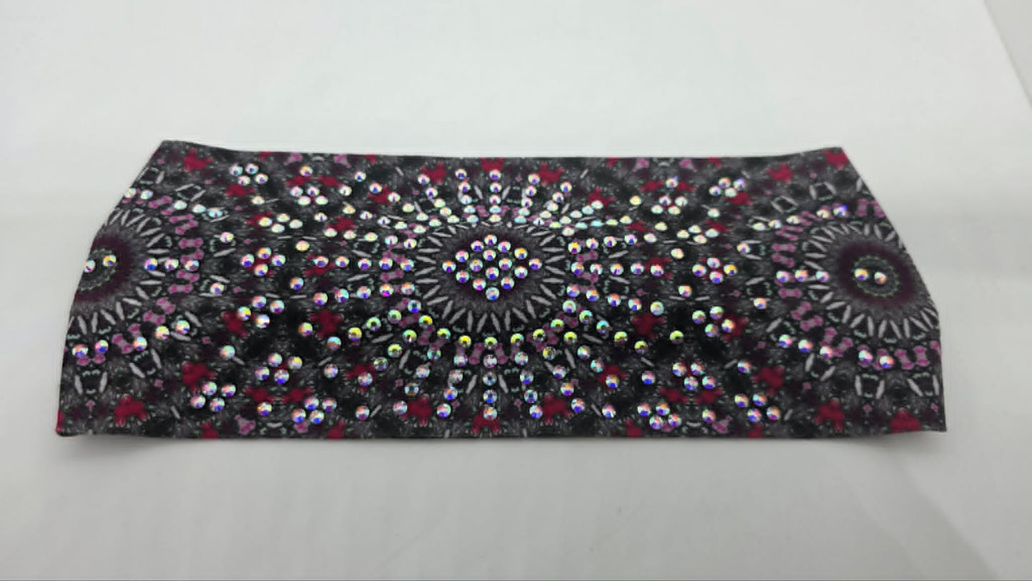 Stretchy Headband Pink and Grey Medallion with Aurora Borealis Crystals (Sku5474)