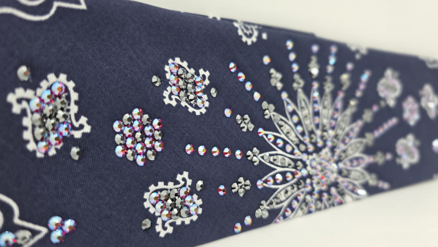 LeeAnnette Navy Paisley Bandana with Red Shimmer and Black Austrian Crystals (sku40094)