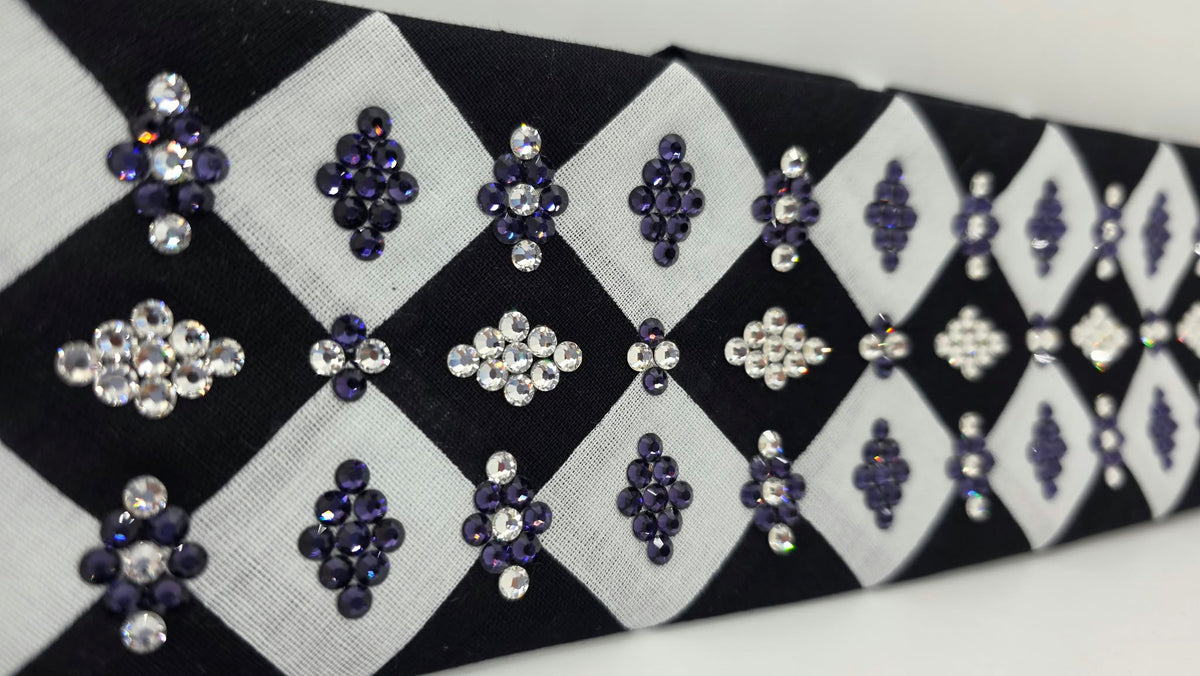 LeeAnnette Black and White Checker Bandana with Purple and Diamond Clear Austrian Crystals (L40289)