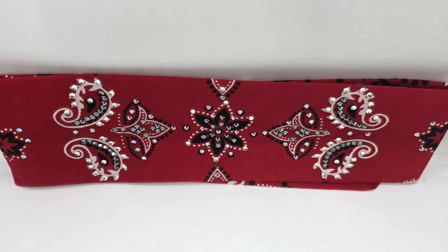 EXTRA BLING - Large Red Flower Bandana with Red Shimmer, Black and Diamond Clear Austrian Crystals (sku6401)