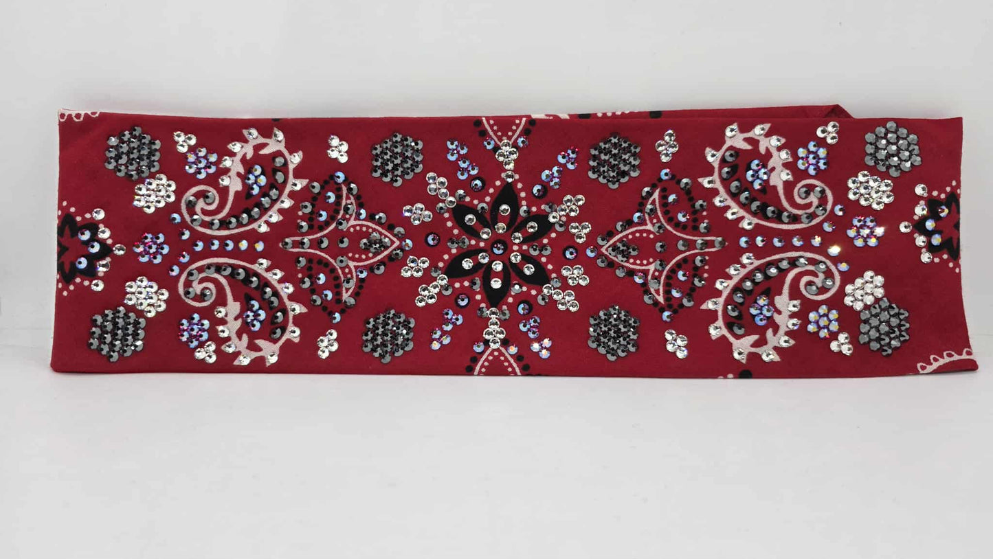 Super LeeAnnette Large Red Flower Bandana with Red Shimmer, Black and Diamond Clear Austrian Crystals (sku40124)