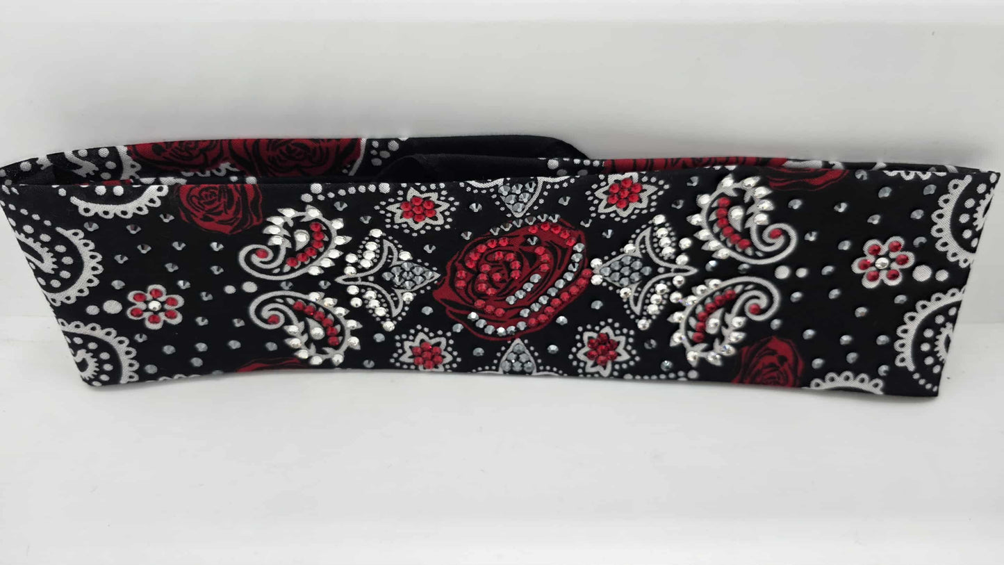 LeeAnnette Rose on Black Bandana with Red, Black and Diamond Clear Austrian Crystals (sku40110)