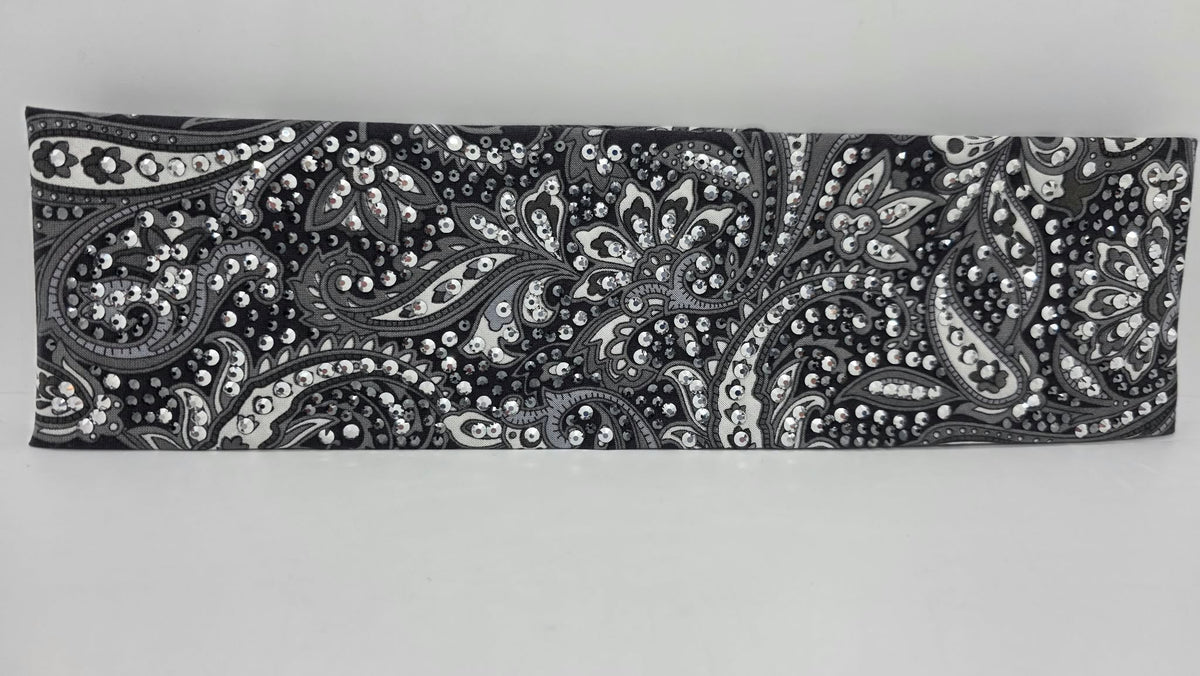 Super LeeAnnette Large Black Paisley Bandana with Black and Chrome Austrian Crystals (S48208)