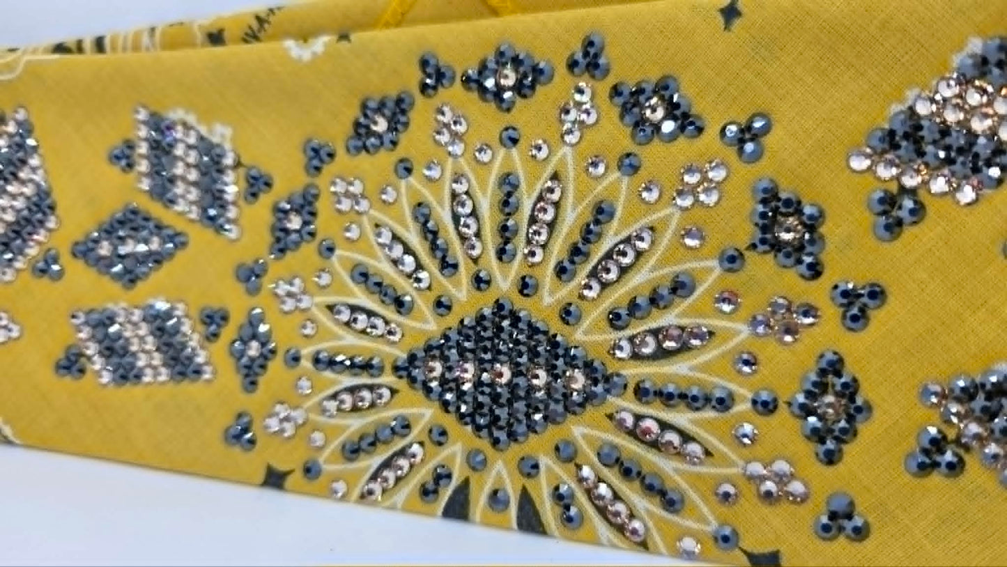 Super LeeAnnette Mustard Paisley Bandana with Black and Honey Austrian Crystals (S48159)