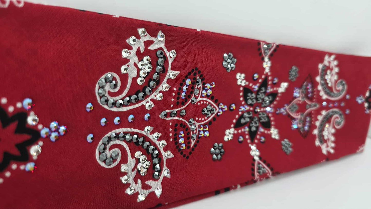 LeeAnnette Large Red Flower Bandana with Red Shimmer, Black and Diamond Clear Austrian Crystals (sku40102)