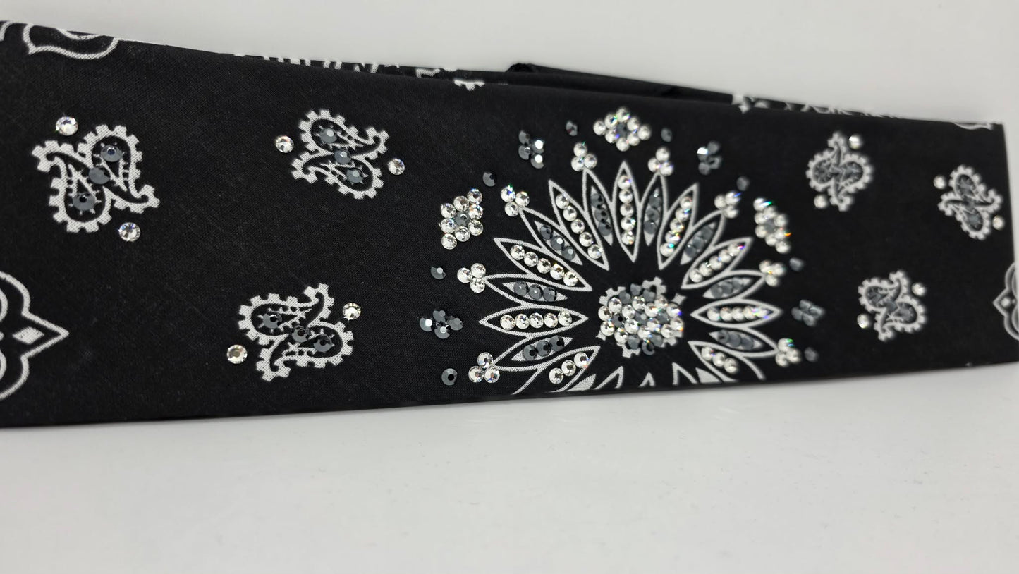 Black Paisley Bandana with Black and Diamond Clear Austrian Crystals (E60139)