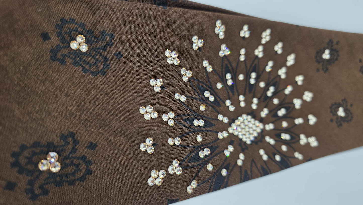 EXTRA BLING - Large Brown Paisley Bandana with Honey Austrian Crystals (sku6407)