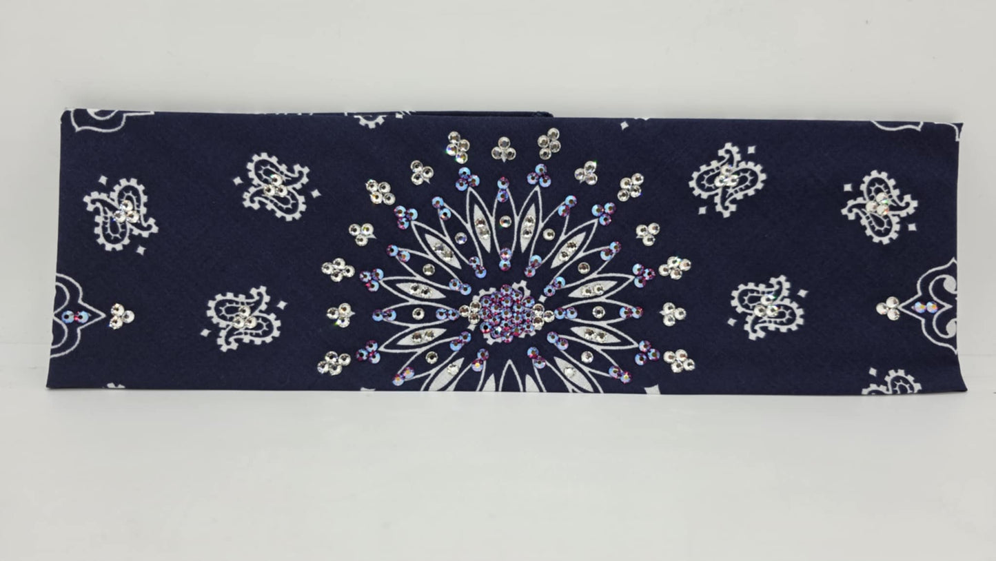 EXTRA BLING - Navy Paisley Bandana with Red Shimmer and Diamond Clear Austrian Crystals (sku6393)