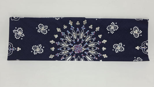 EXTRA BLING - Navy Paisley Bandana with Red Shimmer and Diamond Clear Austrian Crystals (sku6393)