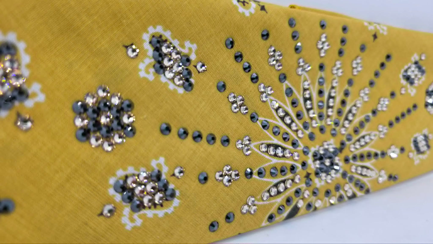 LeeAnnette Mustard Paisley Bandana with Black and Honey Austrian Crystals (L40255)
