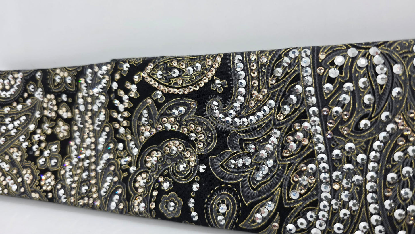 Super LeeAnnette Grey and Gold Paisley on Black Bandana with Chrome and Honey Austrian Crystals (S48127)