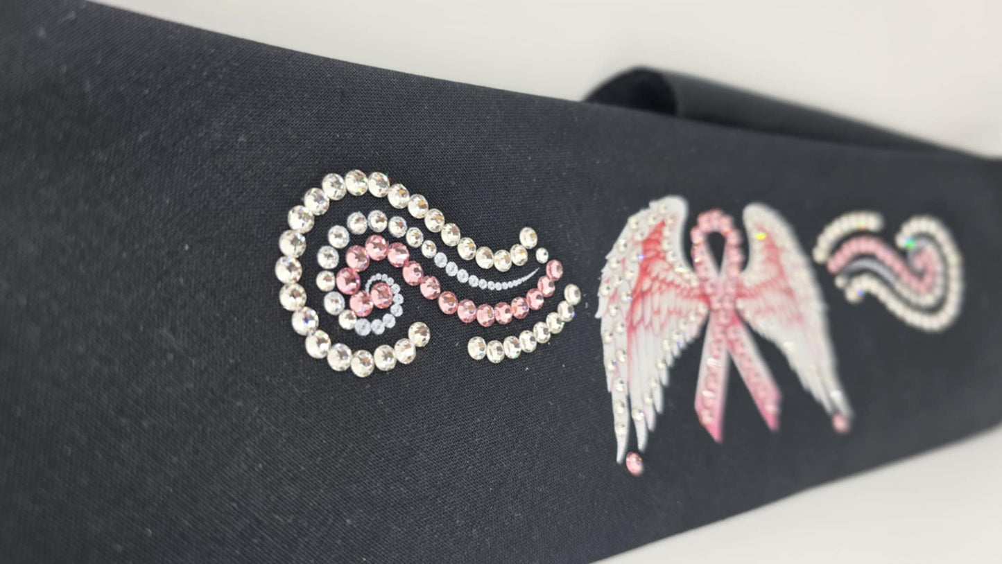 EXTRA BLING - Pink Ribbon with Wings Bandana with Pink and Diamond Clear Austrian Crystals (sku6385)