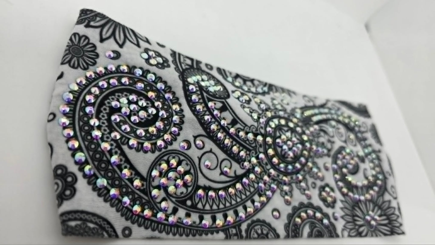Stretchy Headband White Spiral with Aurora Borealis Crystals (Sku5470)