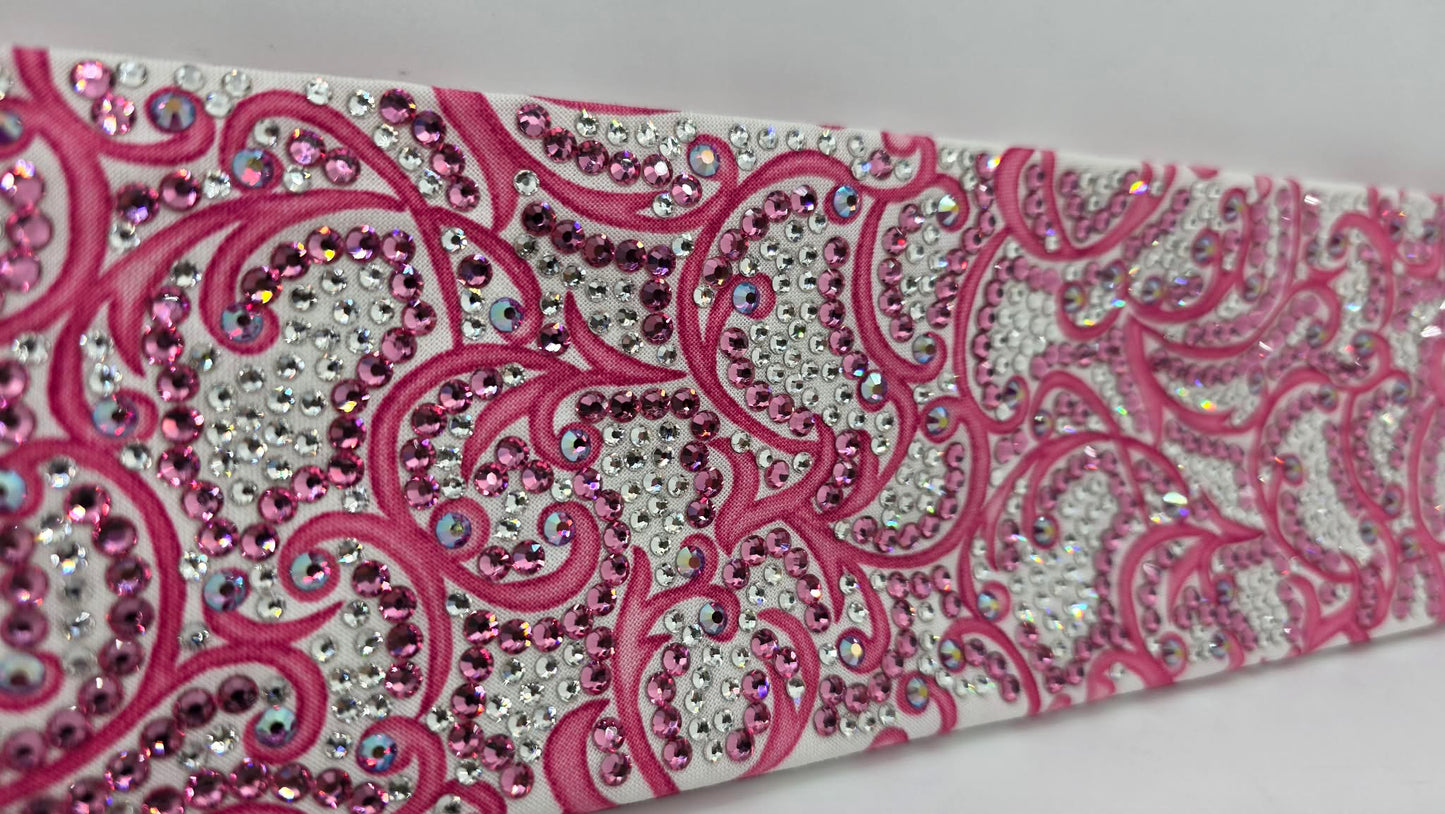 Super Duper LeeAnnette Pink Scrolls on White Bandana with Rose, Fuchsia Shimmer and Diamond Clear Austrian Crystals