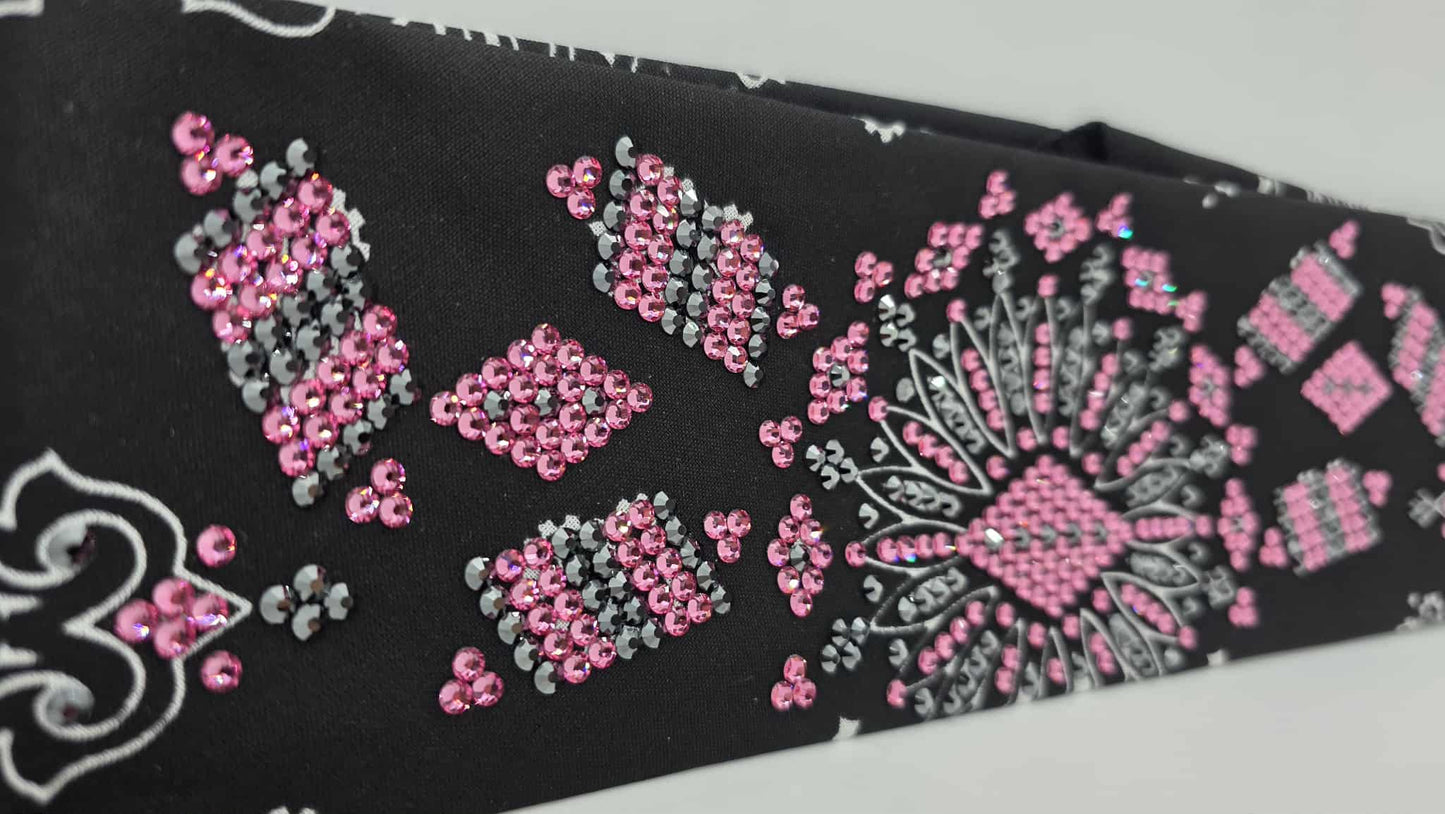 Super LeeAnnette Black Paisley Bandana with Black and Rose Austrian Crystals (sku40107)