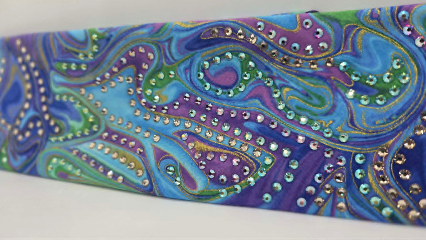 LeeAnnette Blue and Gold Waters Bandana with Peridot Shimmer, Pink Shimmer and Honey Austrian Crystals (L40245)