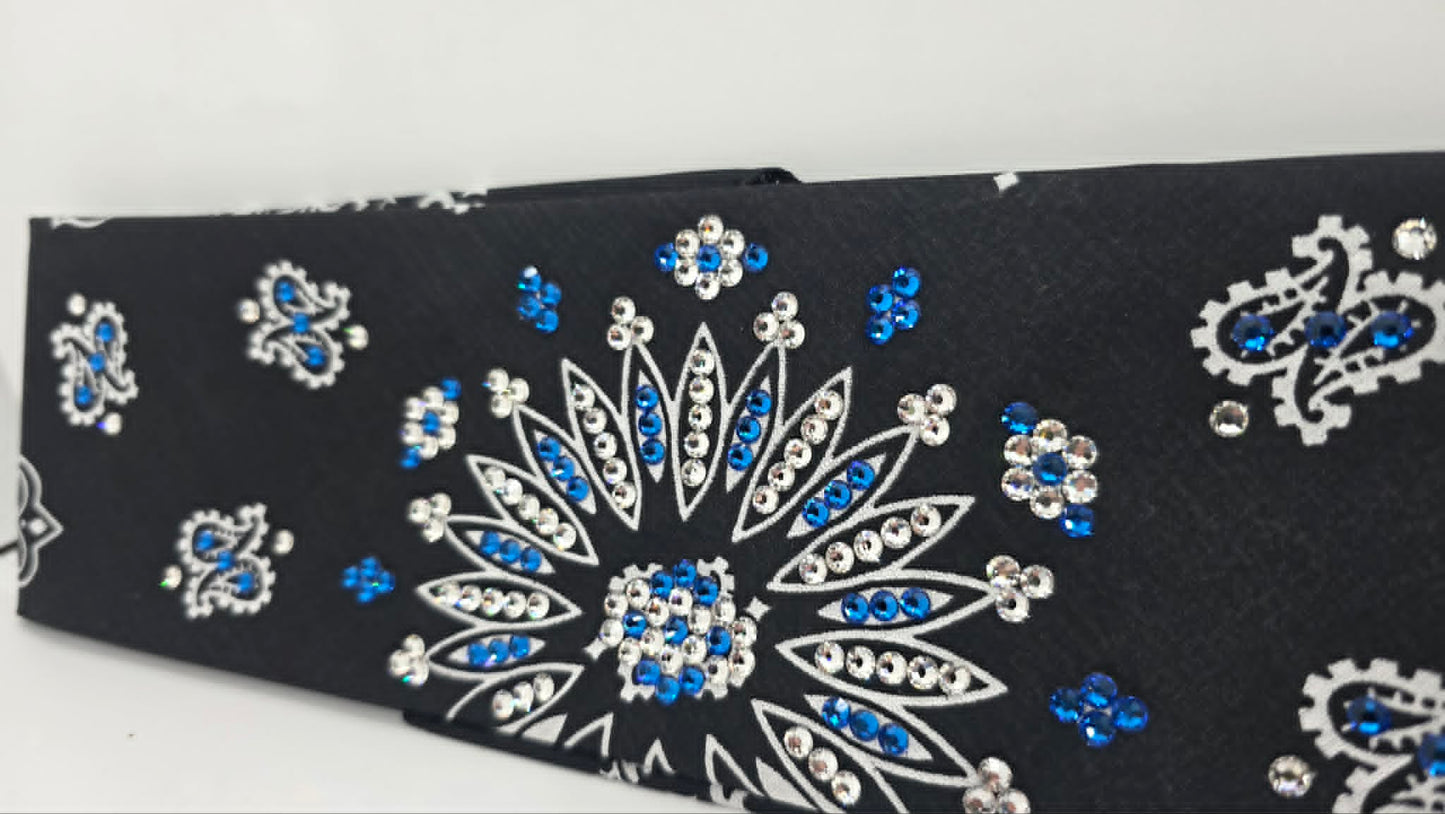 Black Paisley Bandana with Capri Blue and Diamond Clear Austrian Crystals (E60142)