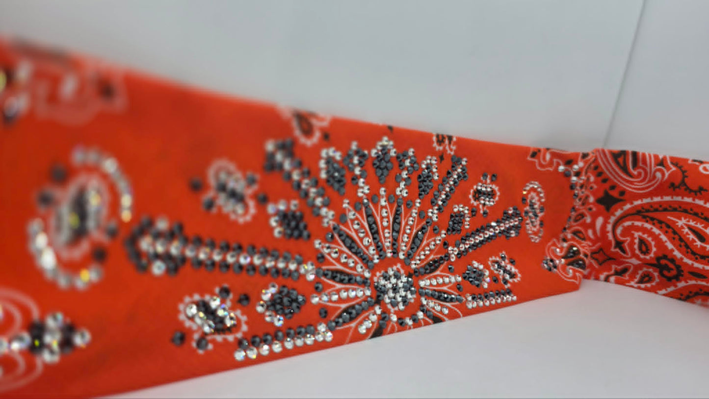 Super LeeAnnette Orange Paisley Bandana with Black and Diamond Clear Austrian Crystals (S48169)