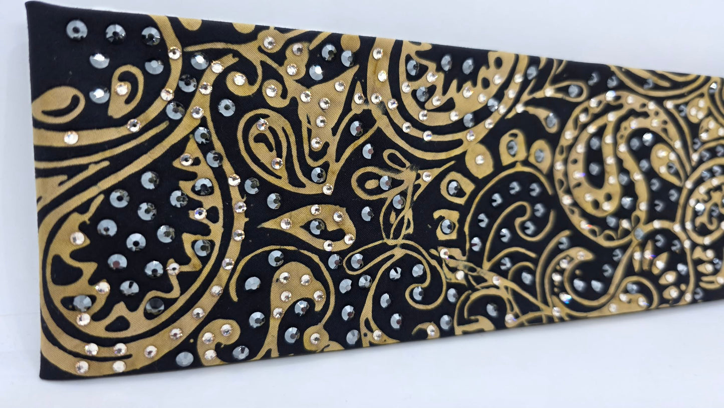 LeeAnnette Black and Gold Scroll Bandana with Honey and Black Austrian Crystals (L40214)