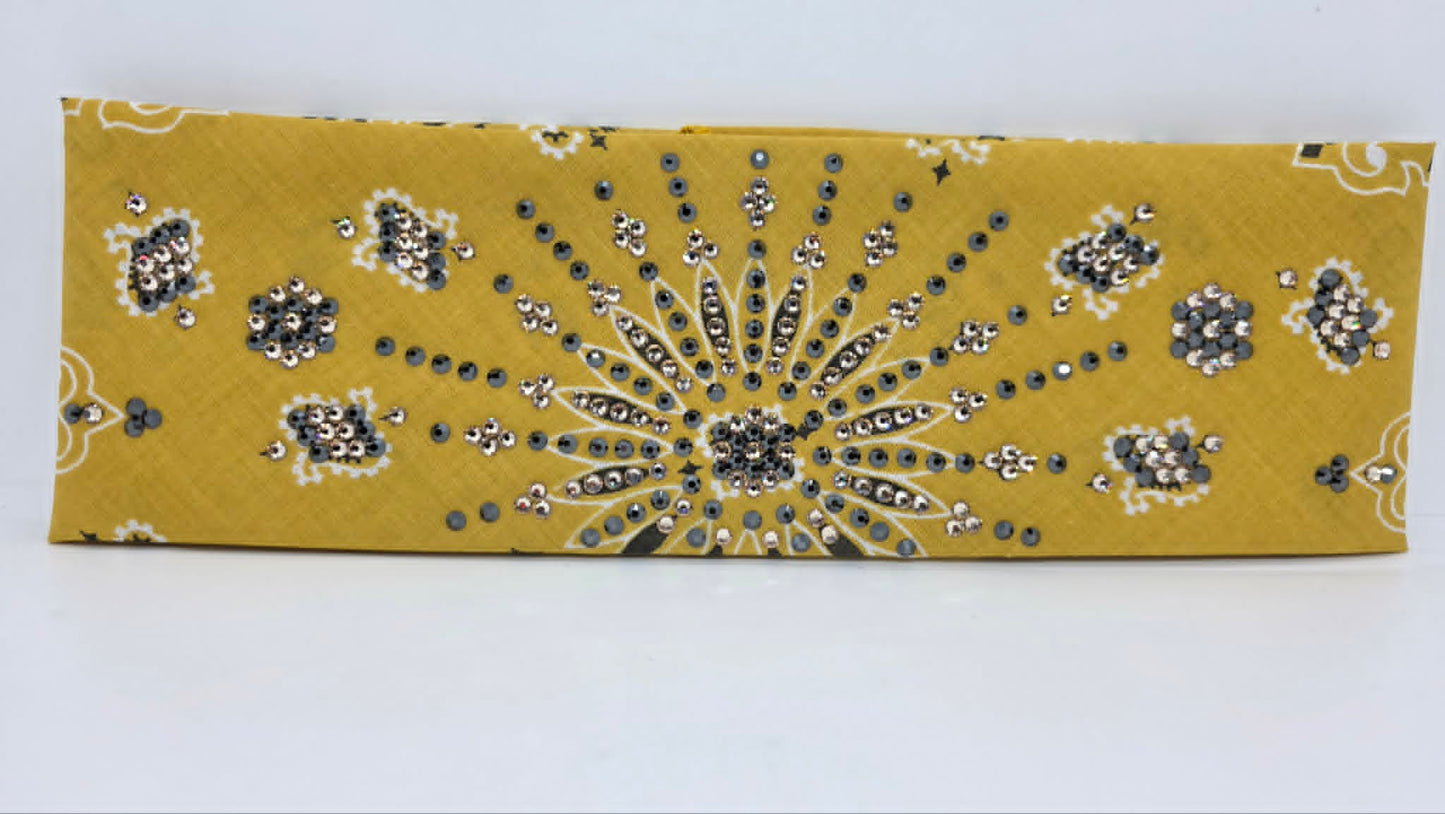 LeeAnnette Mustard Paisley Bandana with Black and Honey Austrian Crystals (L40255)