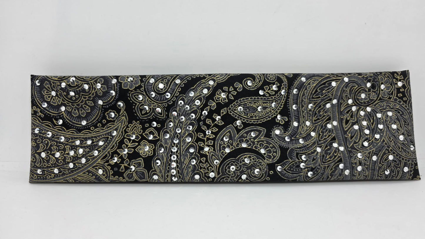 Grey and Gold Paisley on Black Bandana with Chrome Austrian Crystals (E60115)