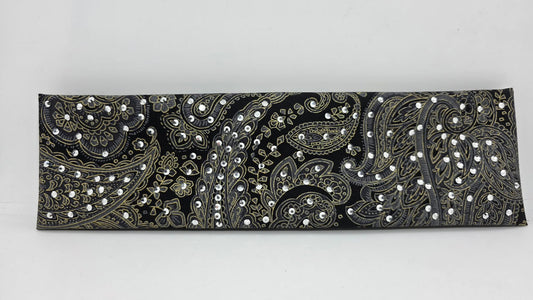 Grey and Gold Paisley on Black Bandana with Chrome Austrian Crystals (E60115)