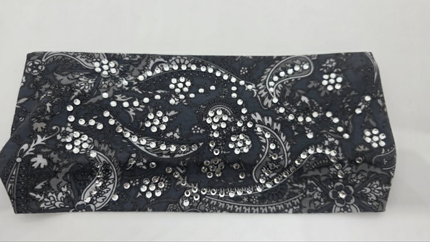 Stretchy Headband Grey Paisley with Clear Crystals (Sku5478)