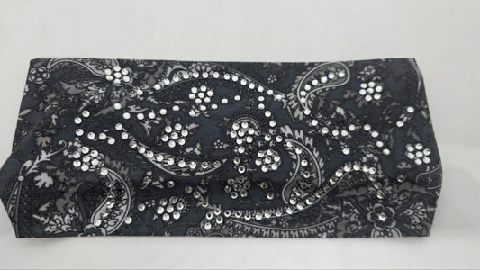 Stretchy Headband Grey Paisley with Clear Crystals (Sku5478)