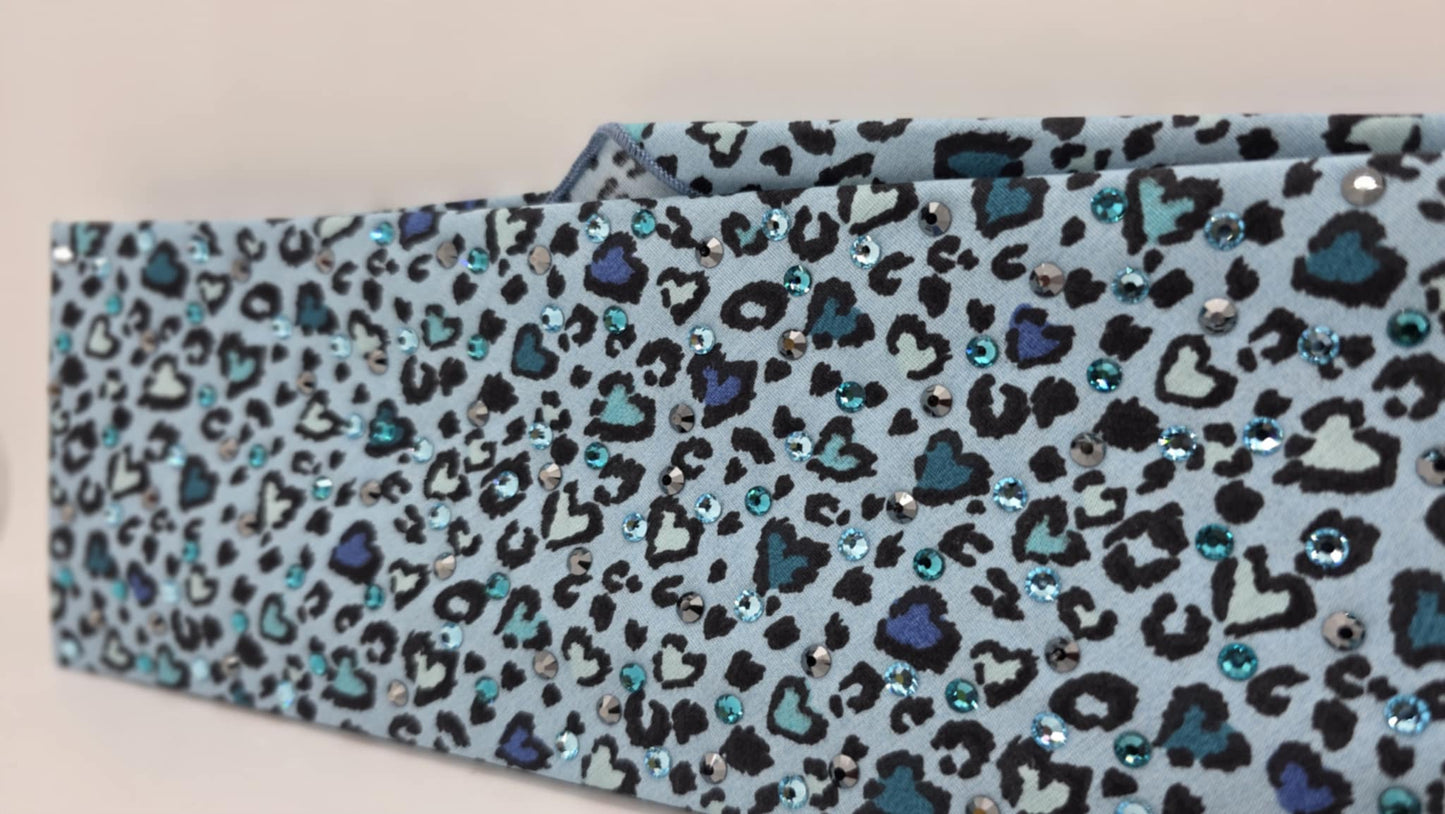 EXTRA BLING - Blue Leopard Hearts Bandana with Light Blue, Bright Blue and Black Austrian Crystals (sku6395)