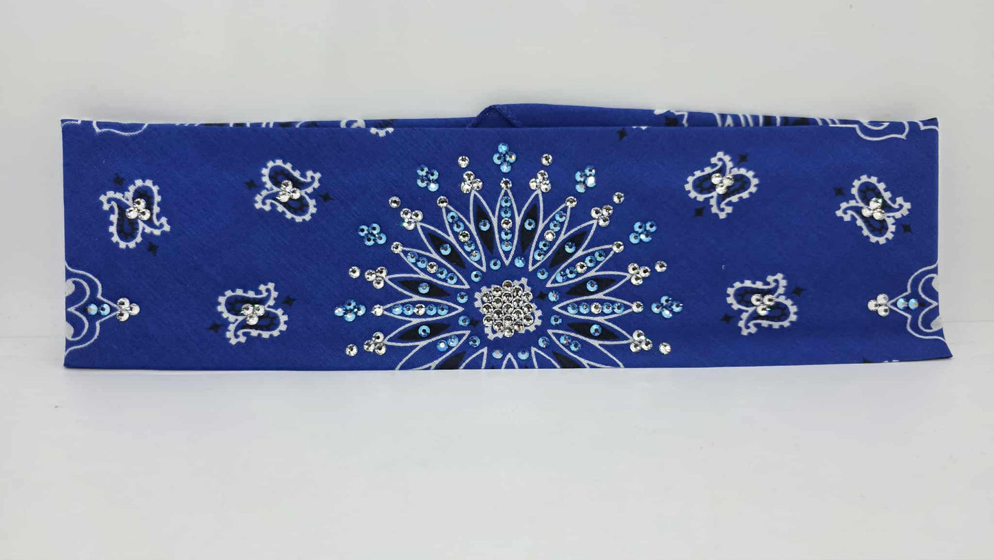EXTRA BLING - Royal Blue Paisley Bandana with Blue Shimmer and Diamond Clear Austrian Crystals (sku6404)