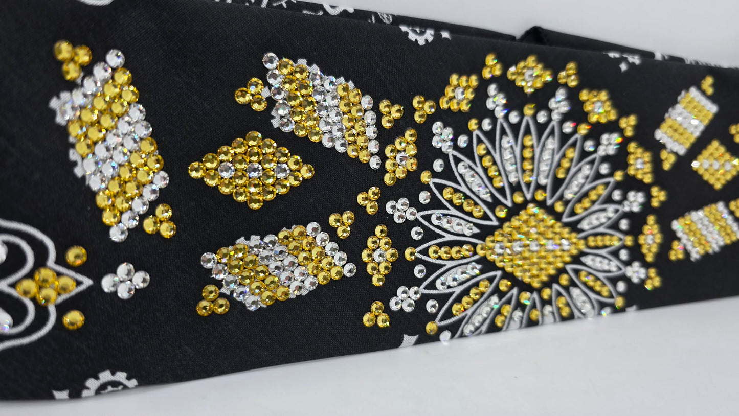 Super LeeAnnette Black Paisley Bandana with Golden Yellow and Diamond Clear Austrian Crystals (S48121)
