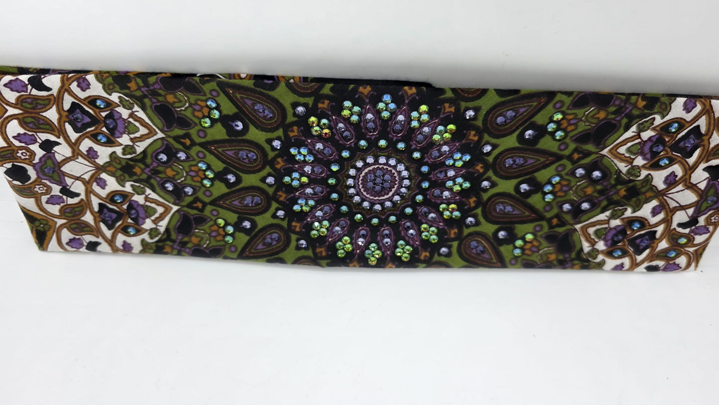 EXTRA BLING -Green Indian Bandana with Light Purple, Dark Purple and Vitrail Medium Austrian Crystals (sku6416)