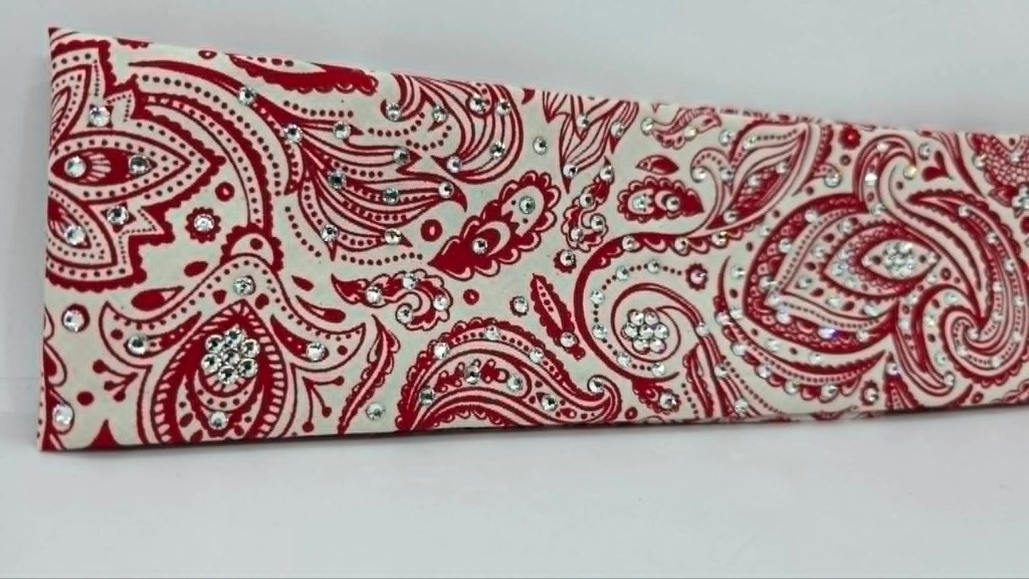 Red on Cream Bandana with Diamond Clear Austrian Crystals (E60137)